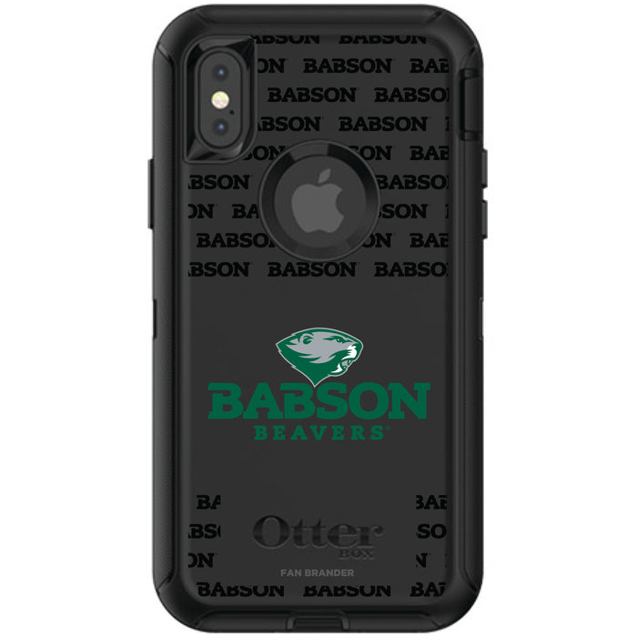OtterBox Black Phone case with Babson University Primary Logo on Repeating Wordmark Background