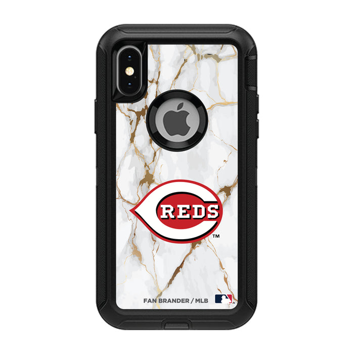 OtterBox Black Phone case with Cincinnati Reds Primary Logo on white marble Background