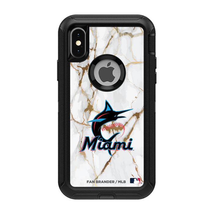 OtterBox Black Phone case with Miami Marlins Primary Logo on white marble Background