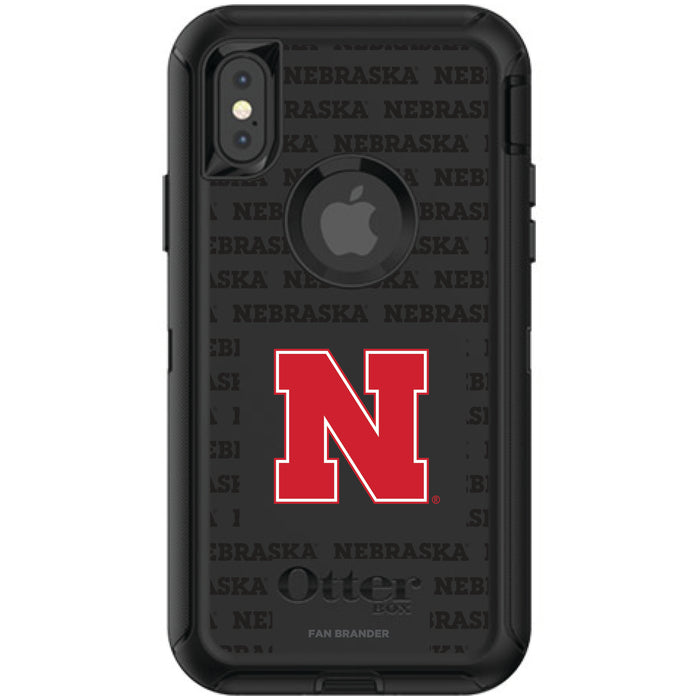 OtterBox Black Phone case with Nebraska Cornhuskers Primary Logo on Repeating Wordmark Background