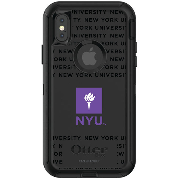 OtterBox Black Phone case with NYU Primary Logo on Repeating Wordmark Background