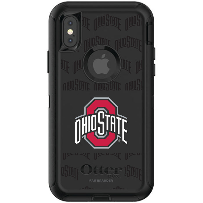 OtterBox Black Phone case with Ohio State Buckeyes Primary Logo on Repeating Wordmark Background
