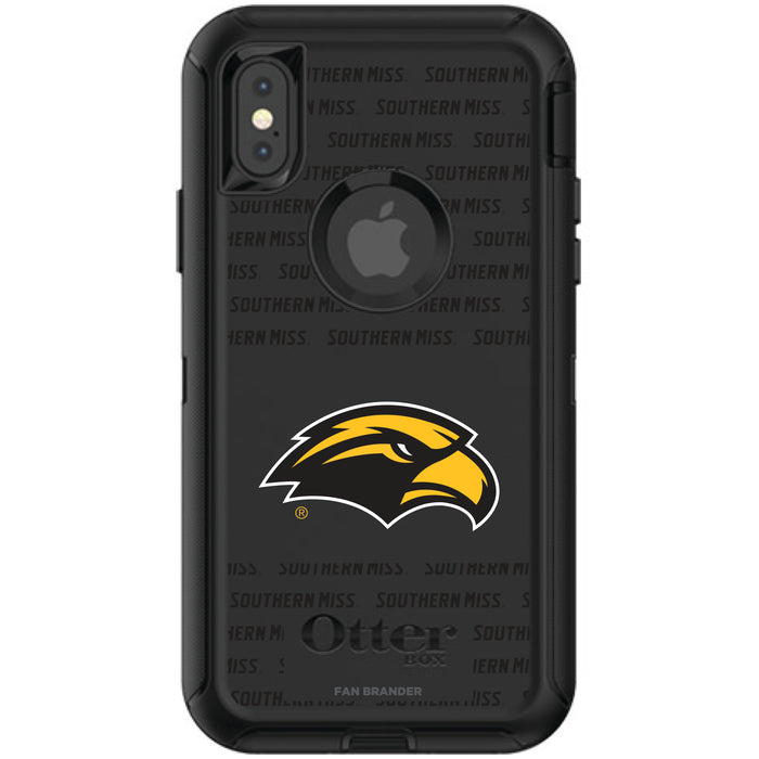 OtterBox Black Phone case with Southern Mississippi Golden Eagles Primary Logo on Repeating Wordmark Background