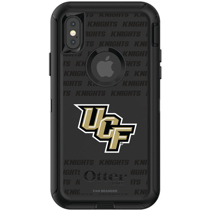 OtterBox Black Phone case with UCF Knights Primary Logo on Repeating Wordmark Background
