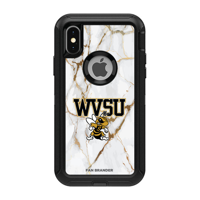 OtterBox Black Phone case with West Virginia State Univ Yellow Jackets Tide White Marble Background