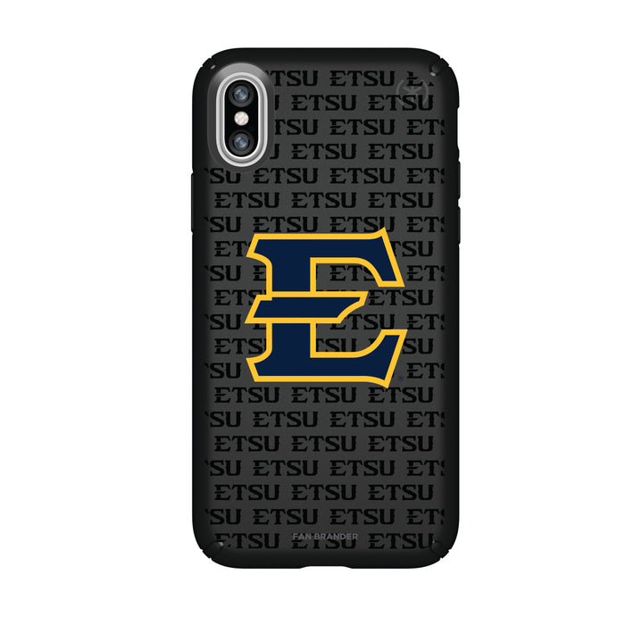 Speck Black Presidio Series Phone case with Eastern Tennessee State Buccaneers Primary Logo on Repeating Wordmark Background