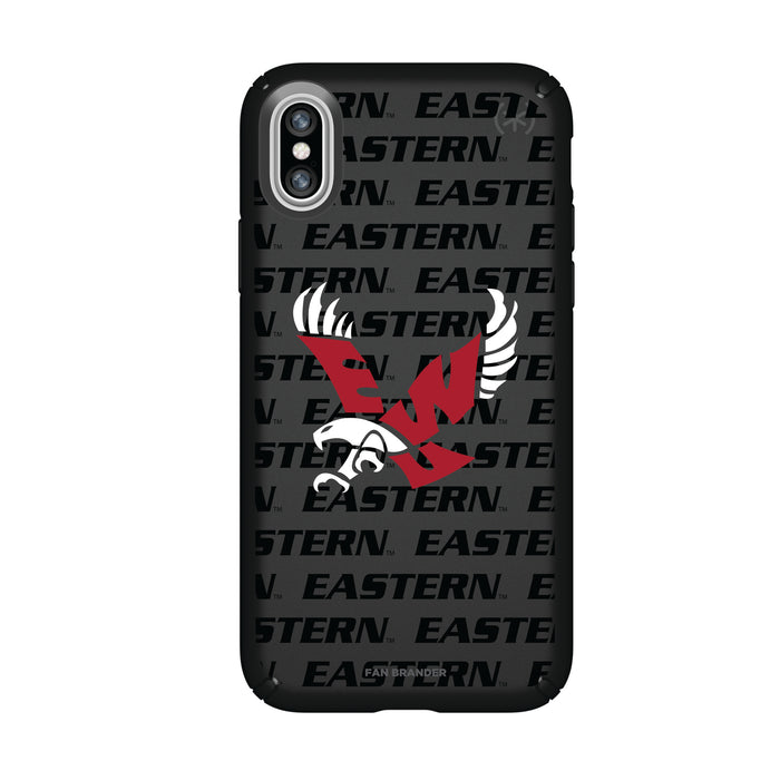 Speck Black Presidio Series Phone case with Eastern Washington Eagles Primary Logo on Repeating Wordmark Background