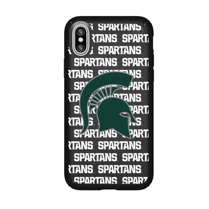 Speck Black Presidio Series Phone case with Michigan State Spartans Primary Logo on Repeating Wordmark Background