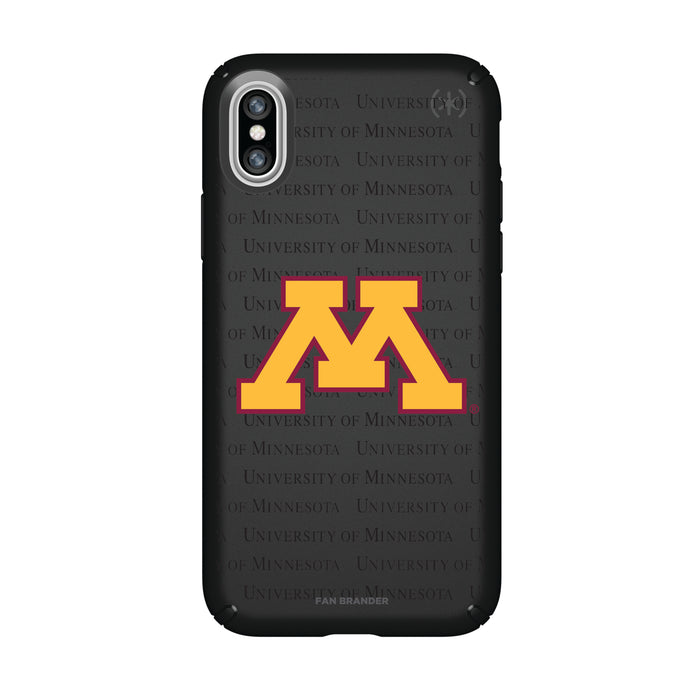 Speck Black Presidio Series Phone case with Minnesota Golden Gophers Primary Logo on Repeating Wordmark Background