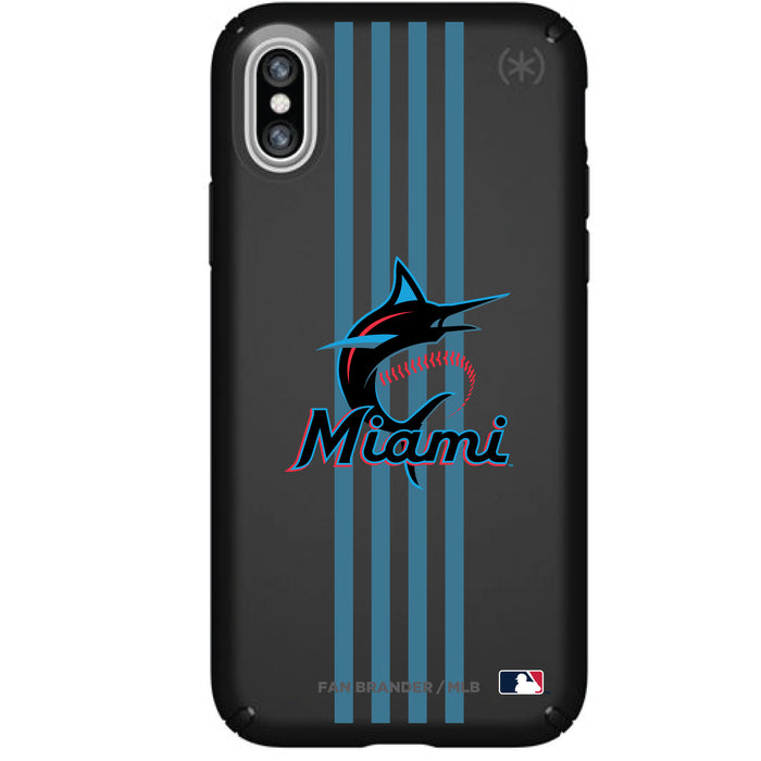 Speck Black Presidio Series Phone case with Miami Marlins Primary Logo with Vertical Stripes