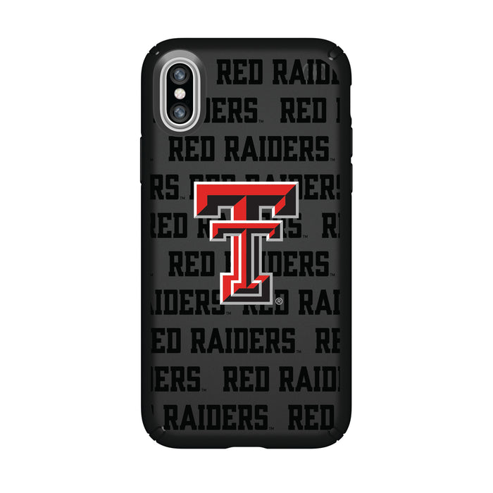 Speck Black Presidio Series Phone case with Texas Tech Red Raiders Primary Logo on Repeating Wordmark Background