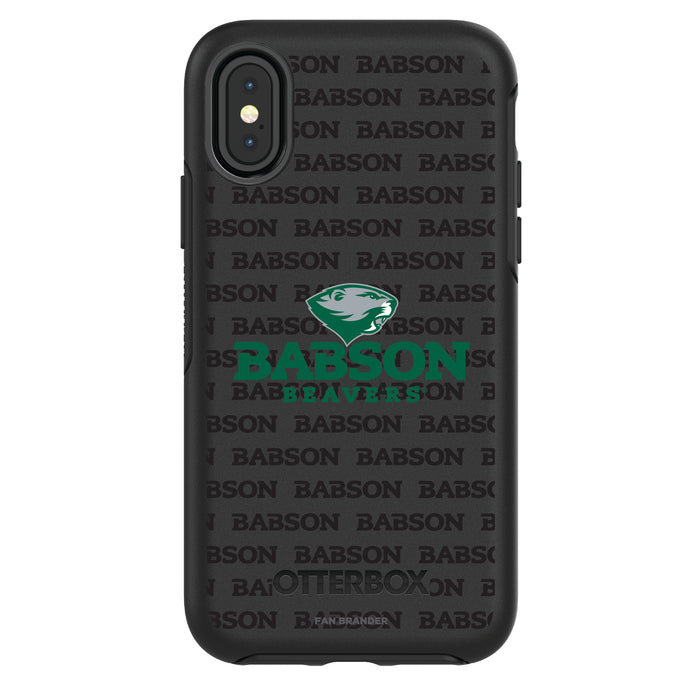 OtterBox Black Phone case with Babson University Primary Logo on Repeating Wordmark Background