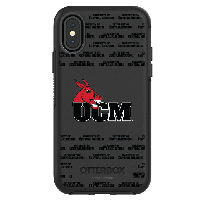 OtterBox Black Phone case with Central Missouri Mules Primary Logo on Repeating Wordmark Background