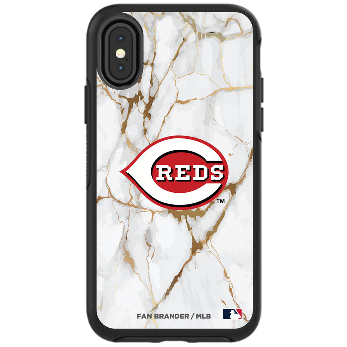 OtterBox Black Phone case with Cincinnati Reds Primary Logo on white marble Background