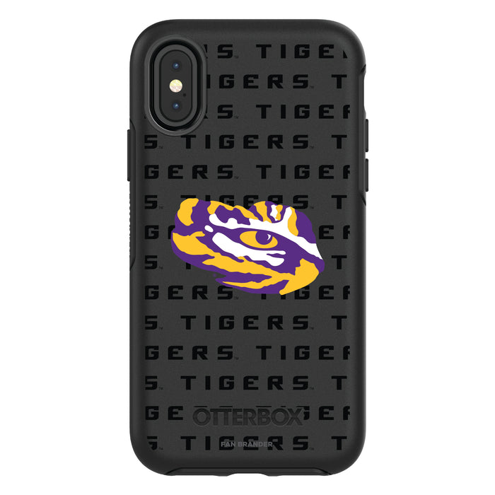 OtterBox Black Phone case with LSU Tigers Primary Logo on Repeating Wordmark Background