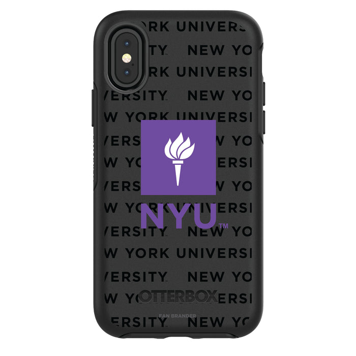 OtterBox Black Phone case with NYU Primary Logo on Repeating Wordmark Background