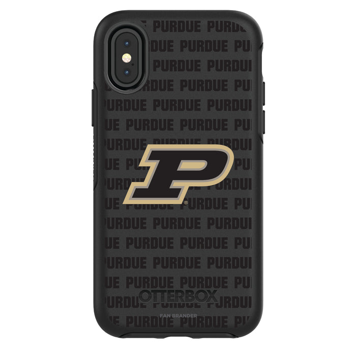 OtterBox Black Phone case with Purdue Boilermakers Primary Logo on Repeating Wordmark Background
