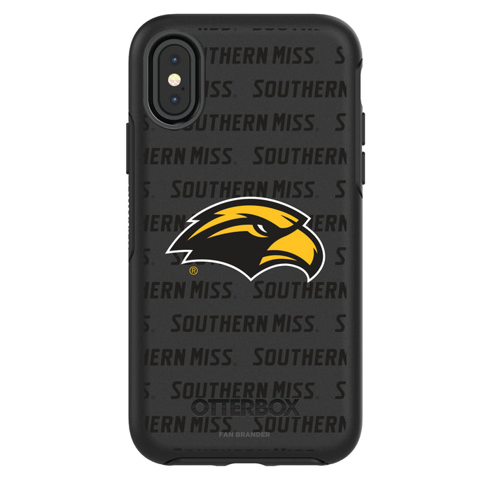 OtterBox Black Phone case with Southern Mississippi Golden Eagles Primary Logo on Repeating Wordmark Background