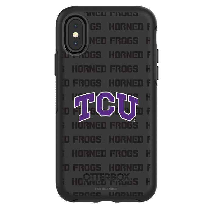 OtterBox Black Phone case with Texas Christian University Horned Frogs Primary Logo on Repeating Wordmark Background