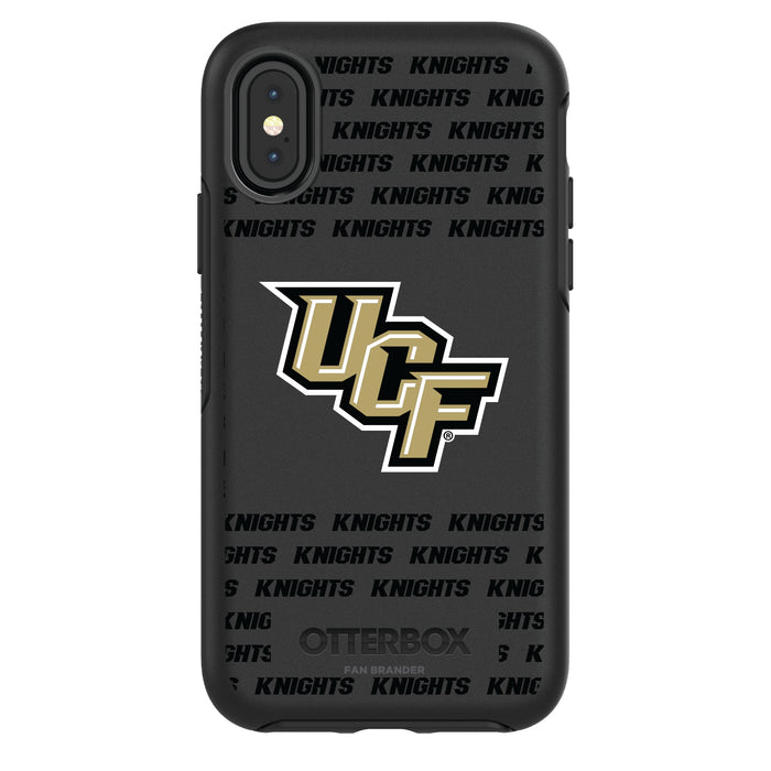 OtterBox Black Phone case with UCF Knights Primary Logo on Repeating Wordmark Background