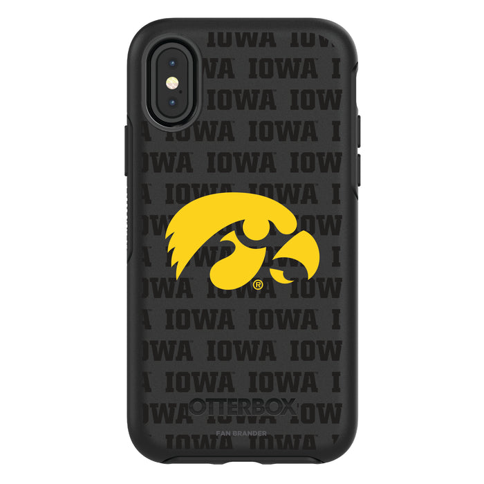 OtterBox Black Phone case with Iowa Hawkeyes Primary Logo on Repeating Wordmark Background