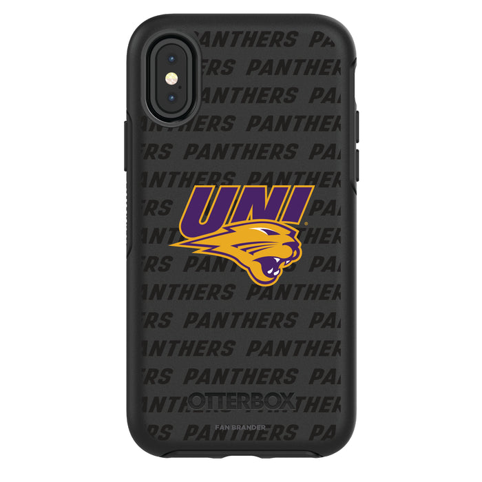 OtterBox Black Phone case with Northern Iowa Panthers Primary Logo on Repeating Wordmark Background