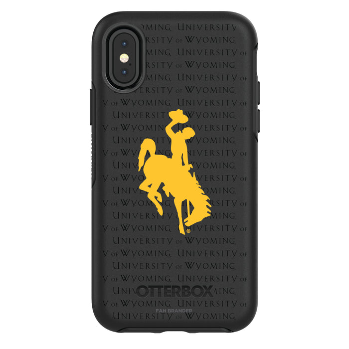 OtterBox Black Phone case with Wyoming Cowboys Primary Logo on Repeating Wordmark Background