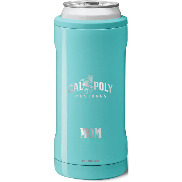 BruMate Slim Insulated Can Cooler with Cal Poly Mustangs Mom Primary Logo