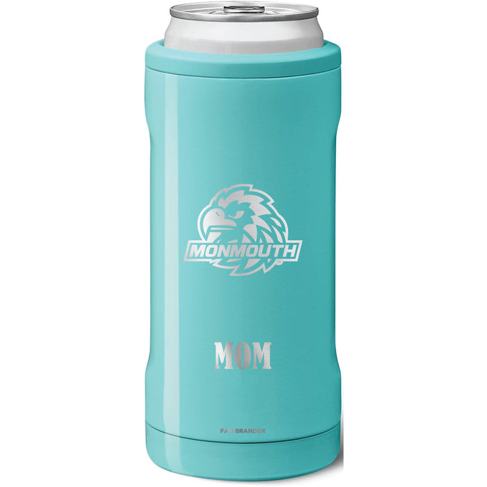 BruMate Slim Insulated Can Cooler with Monmouth Hawks Mom Primary Logo