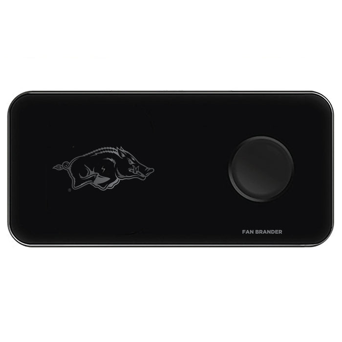 Fan Brander 3 in 1 Glass Wireless Charger with Arkansas Razorbacks laser etched Primary Logo