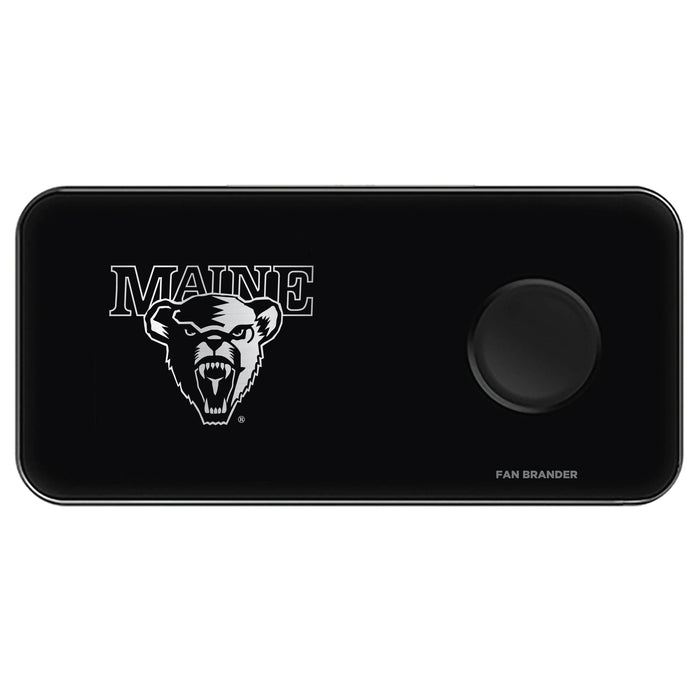 Fan Brander 3 in 1 Glass Wireless Charger with Maine Black Bears laser etched Primary Logo
