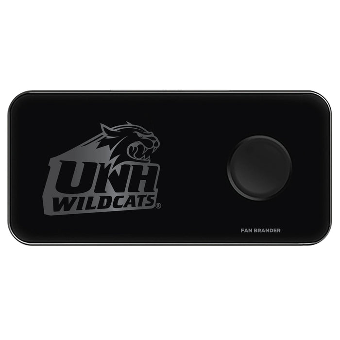 Fan Brander 3 in 1 Glass Wireless Charger with New Hampshire Wildcats laser etched Primary Logo