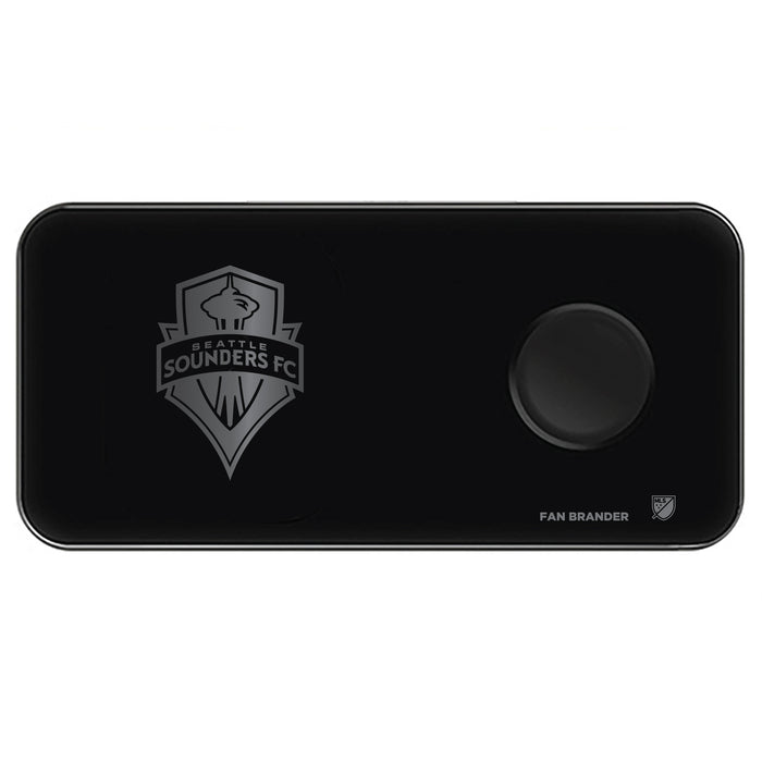 Fan Brander 3 in 1 Glass Wireless Charger with Seatle Sounders laser etched Primary Logo
