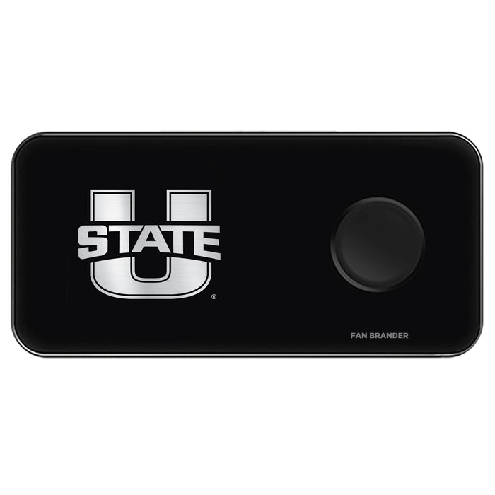 Fan Brander 3 in 1 Glass Wireless Charger with Utah State Aggies laser etched Primary Logo