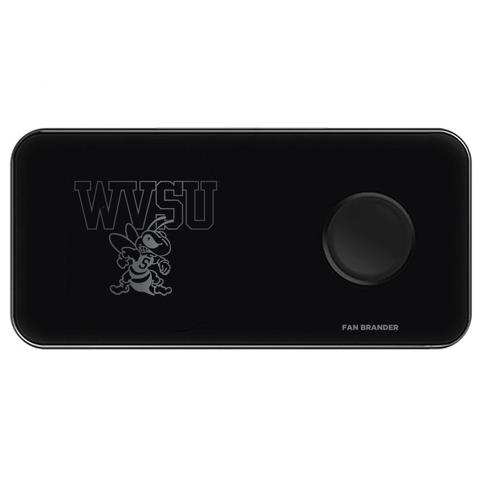 Fan Brander 3 in 1 Glass Wireless Charger with West Virginia State Univ Yellow Jackets laser etched Primary Logo