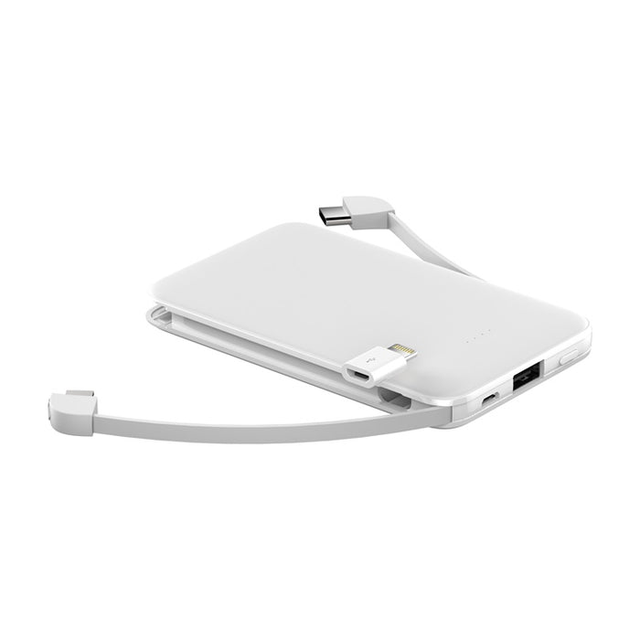 White 10,000 mAh Portable Power Bank with built in lightning and USC cables