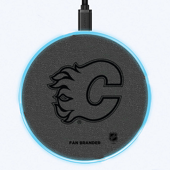 Fan Brander Grey 15W Wireless Charger with Calgary Flames laser etched Primary Logo