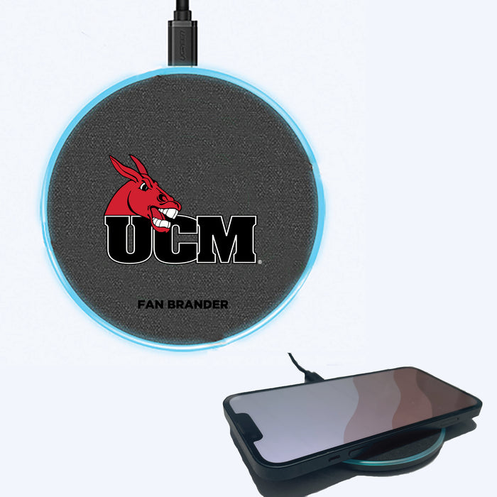 Fan Brander Grey 15W Wireless Charger with Central Missouri Mules Primary Logo