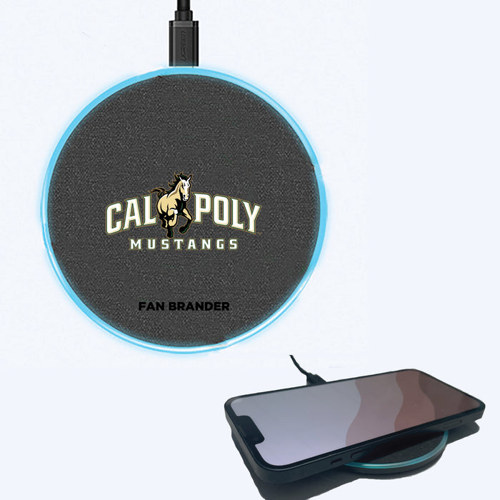 Fan Brander Grey 15W Wireless Charger with Cal Poly Mustangs Primary Logo