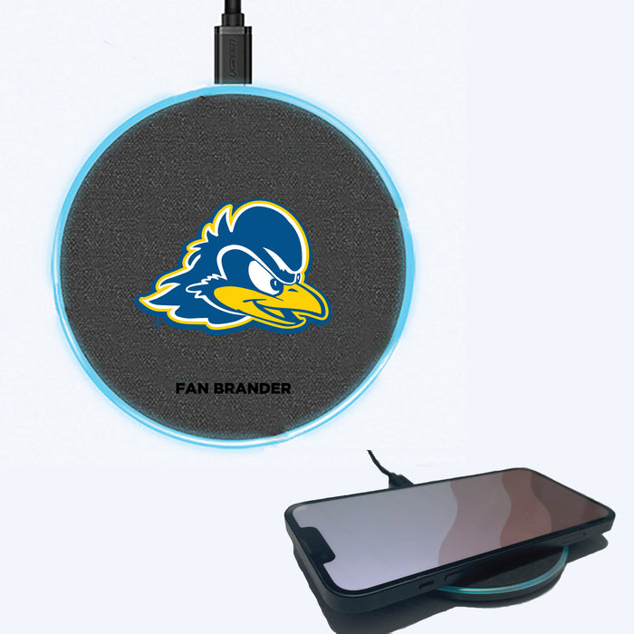 Fan Brander Grey 15W Wireless Charger with Delaware Fightin' Blue Hens Primary Logo