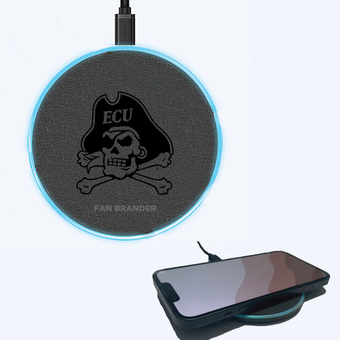 Fan Brander Grey 15W Wireless Charger with East Carolina Pirates laser etched Primary Logo