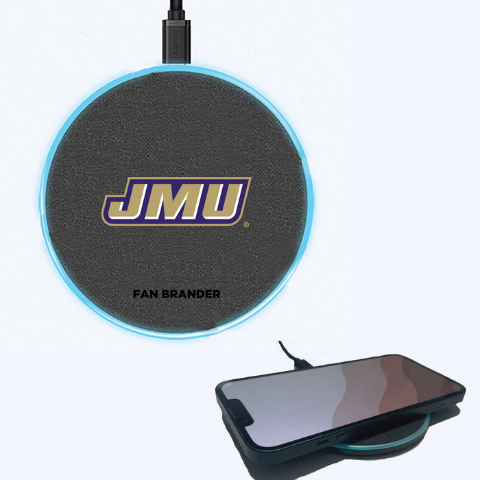 Fan Brander Grey 15W Wireless Charger with James Madison Dukes Primary Logo