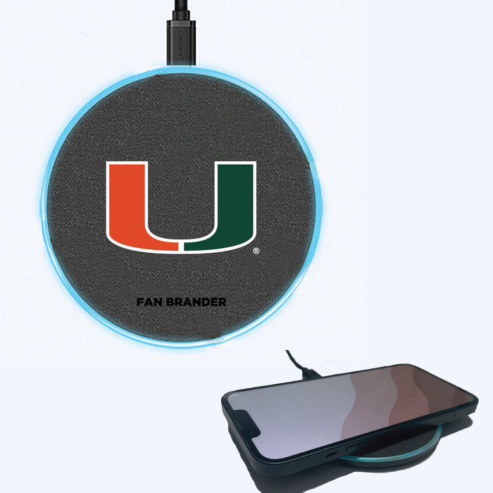 Fan Brander Grey 15W Wireless Charger with Miami Hurricanes Primary Logo
