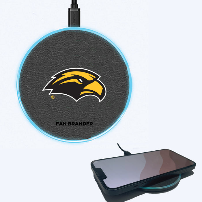 Fan Brander Grey 15W Wireless Charger with Southern Mississippi Golden Eagles Primary Logo