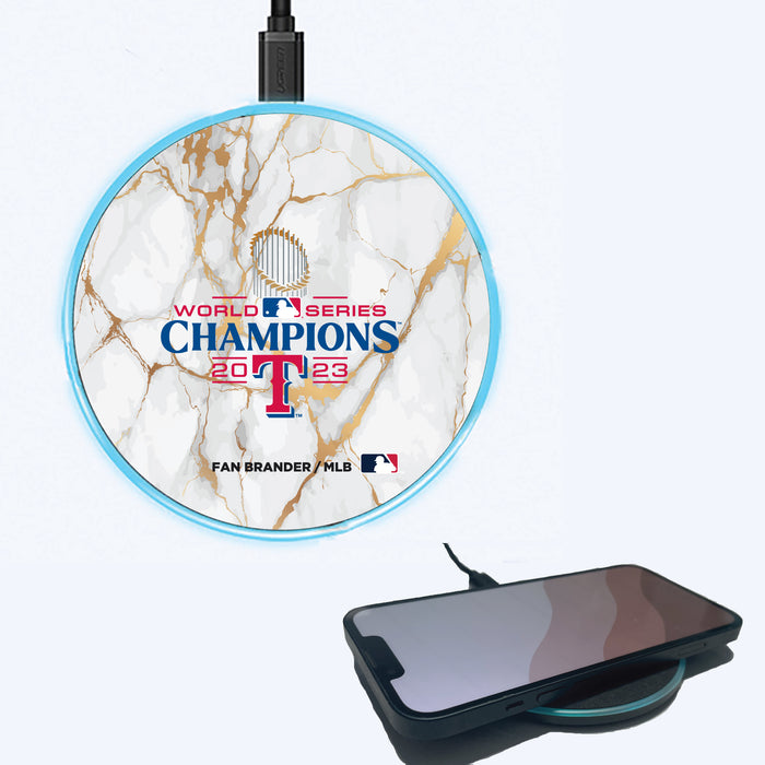 Fan Brander Grey 15W Wireless Charger with Texas Rangers 2023 MLB Champs on White Marble