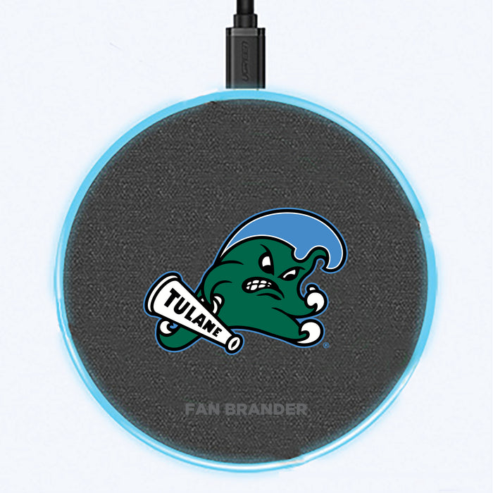 Fan Brander Grey 15W Wireless Charger with Tulane Green Wave Primary Logo