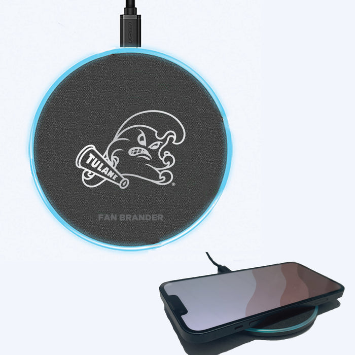 Fan Brander Grey 15W Wireless Charger with Tulane Green Wave Etched Primary Logo
