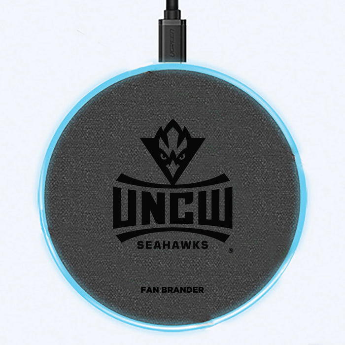 Fan Brander Grey 15W Wireless Charger with UNC Wilmington Seahawks laser etched Primary Logo