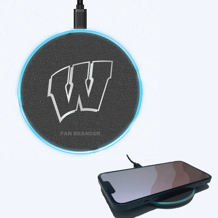 Fan Brander Grey 15W Wireless Charger with Wisconsin Badgers Etched Primary Logo