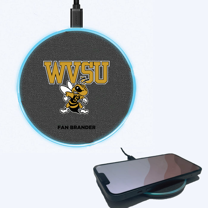Fan Brander Grey 15W Wireless Charger with West Virginia State Univ Yellow Jackets Primary Logo